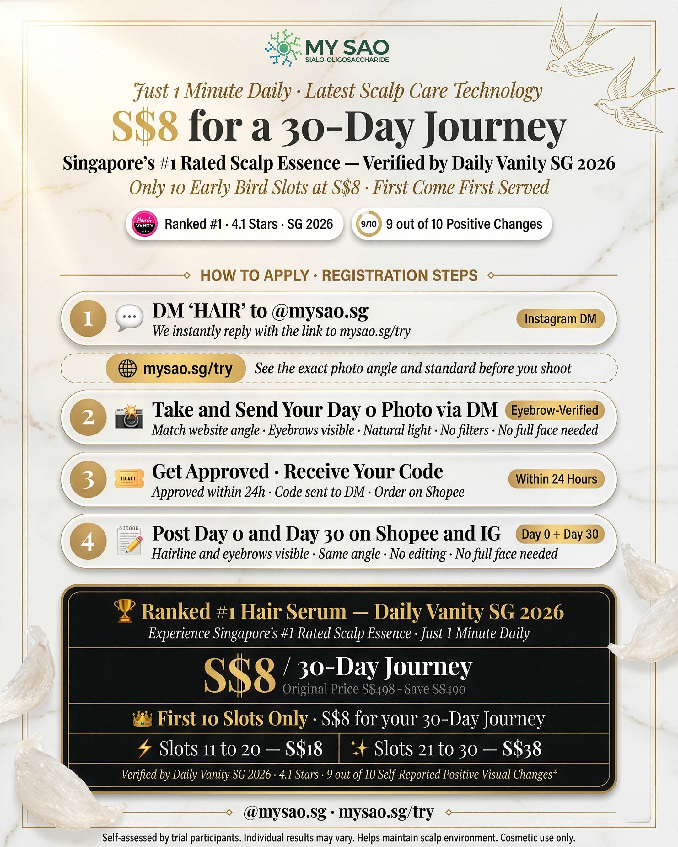 MY SAO Ambassador Programme — How to Apply · 4-Step Registration Flow · S$8 for a 30-Day Journey